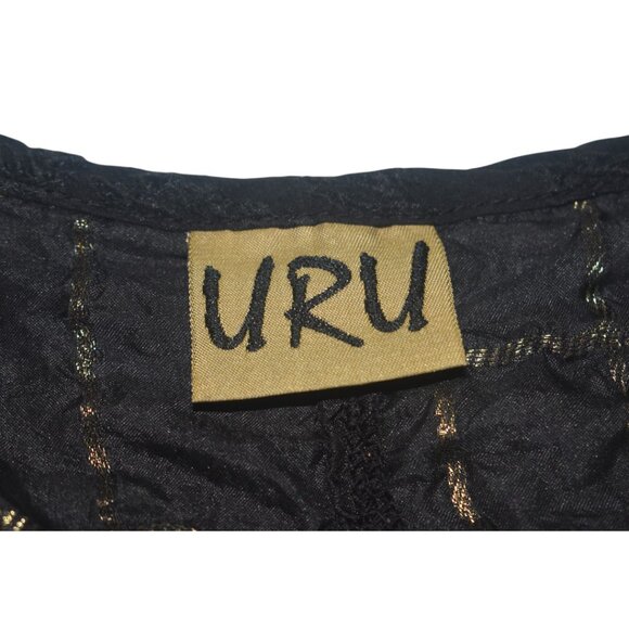 URU Black and Gold Silk Tunic Top Dress Button Front Lightweight Long Sleeves XL - Picture 8 of 11